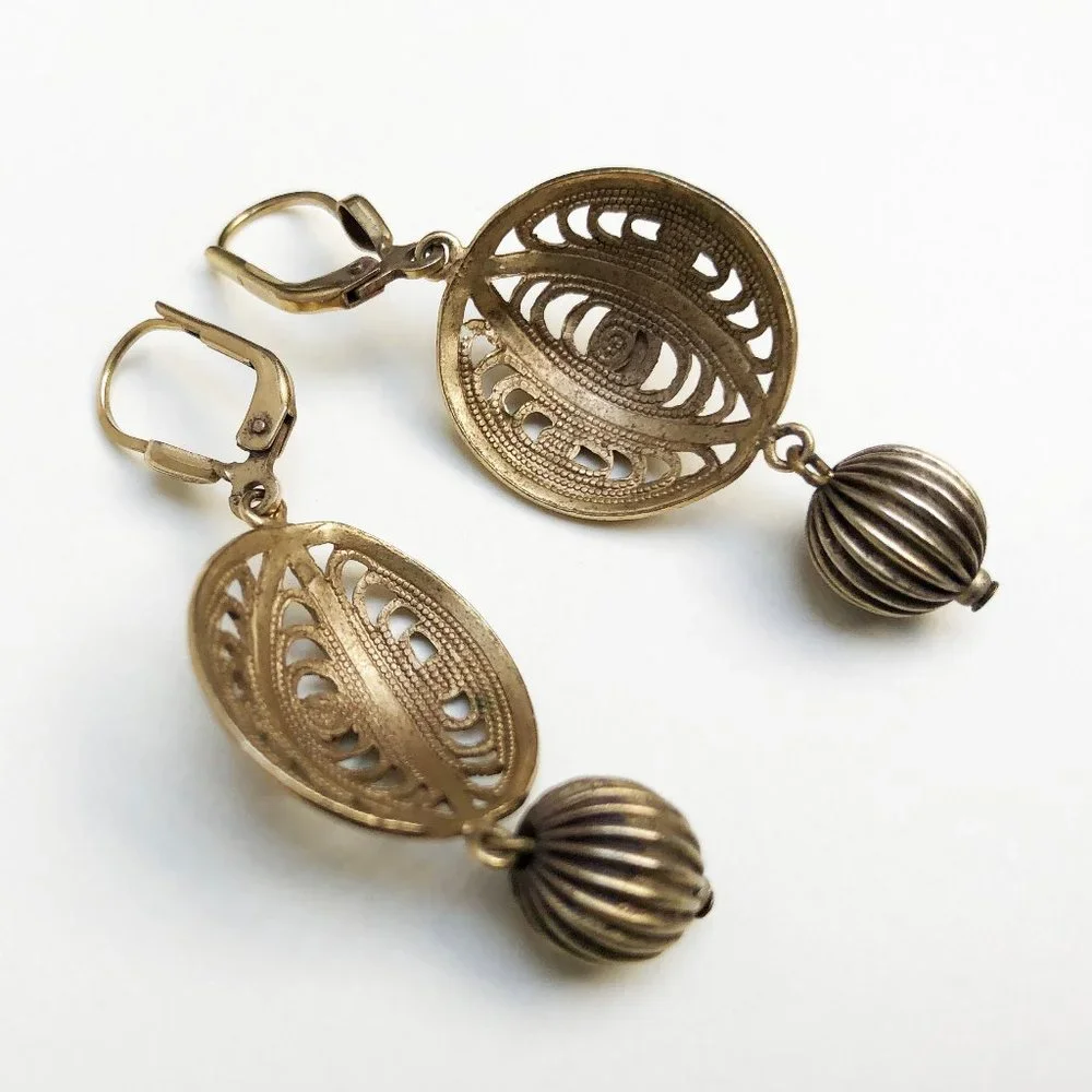 Gold filigree earrings dangle, fancy golden circle earrings